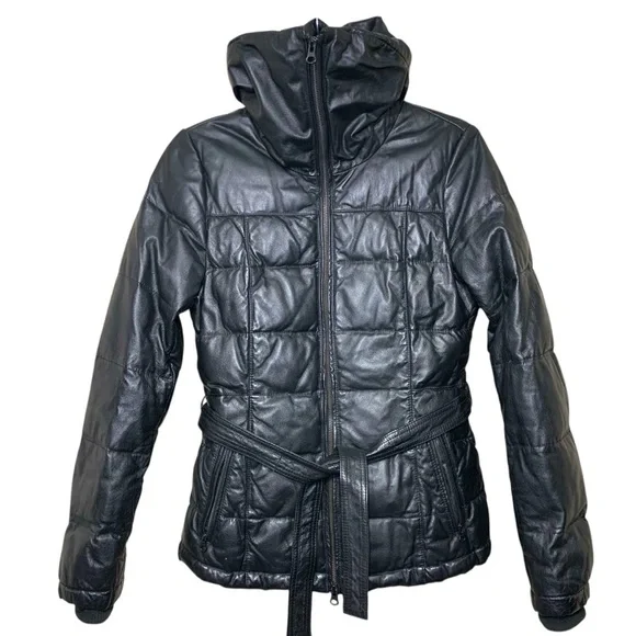 Danier Black Leather Puffer Jacket Sz XXS High Neck Bomber Quilted Winter Coat - Picture 2 of 16